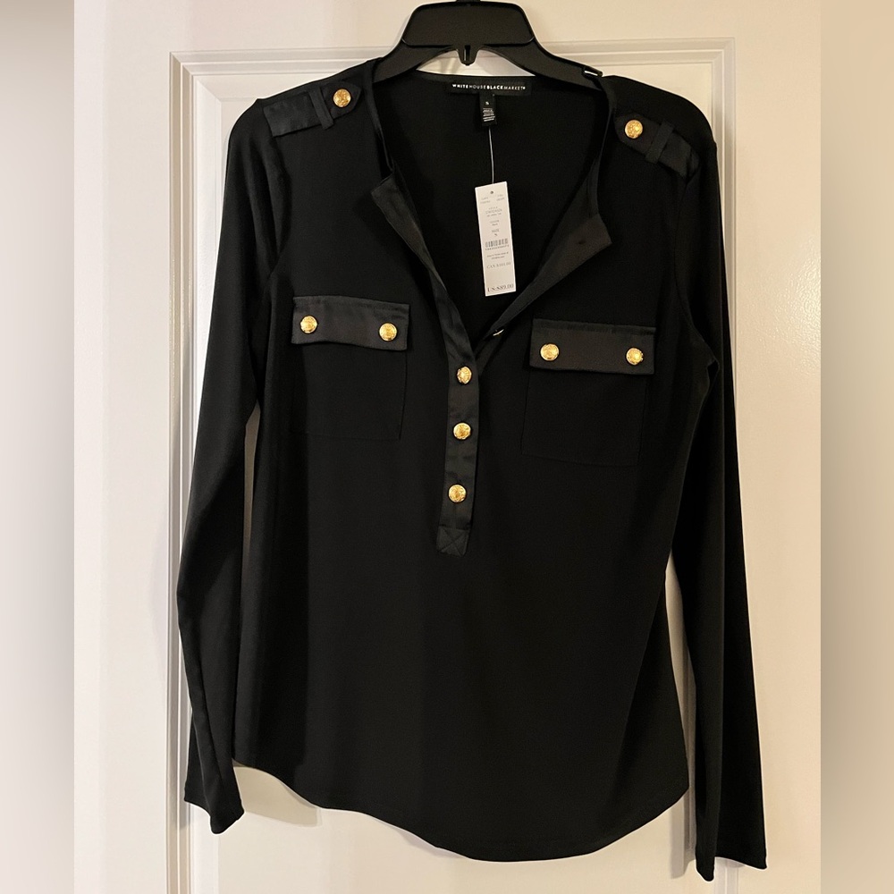 White House Black Market Black Blouse with Gold Accents